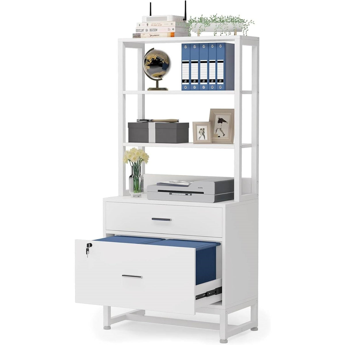 Home Office Lockable 2 Drawer Filing Cabinet Bookshelf in White Wood Finish-0
