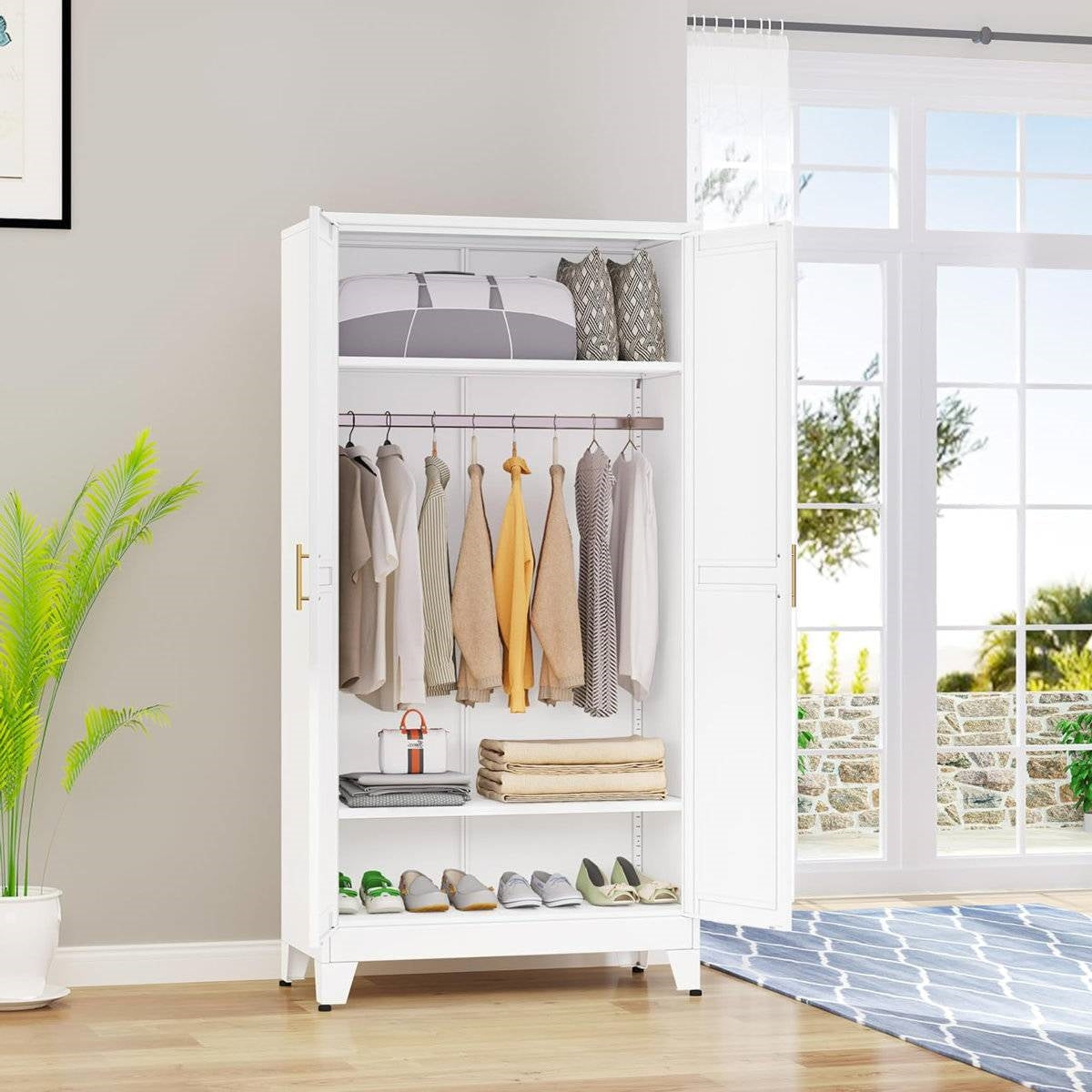 White Metal Multifunctional Storage Armoire Wardrobe Closet-1