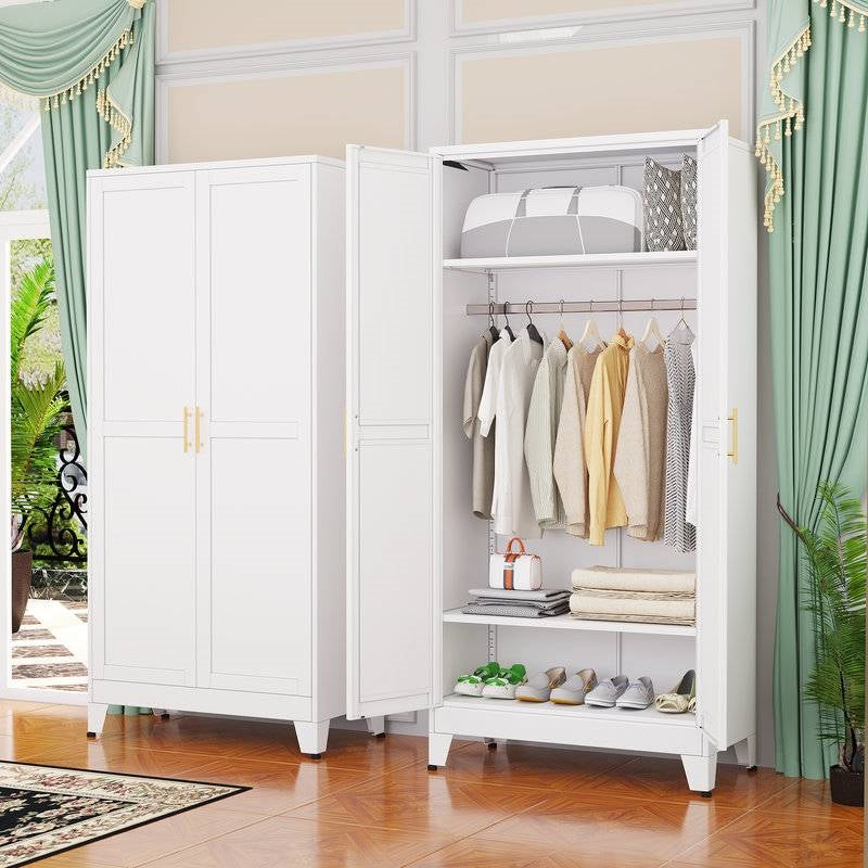 White Metal Multifunctional Storage Armoire Wardrobe Closet-2