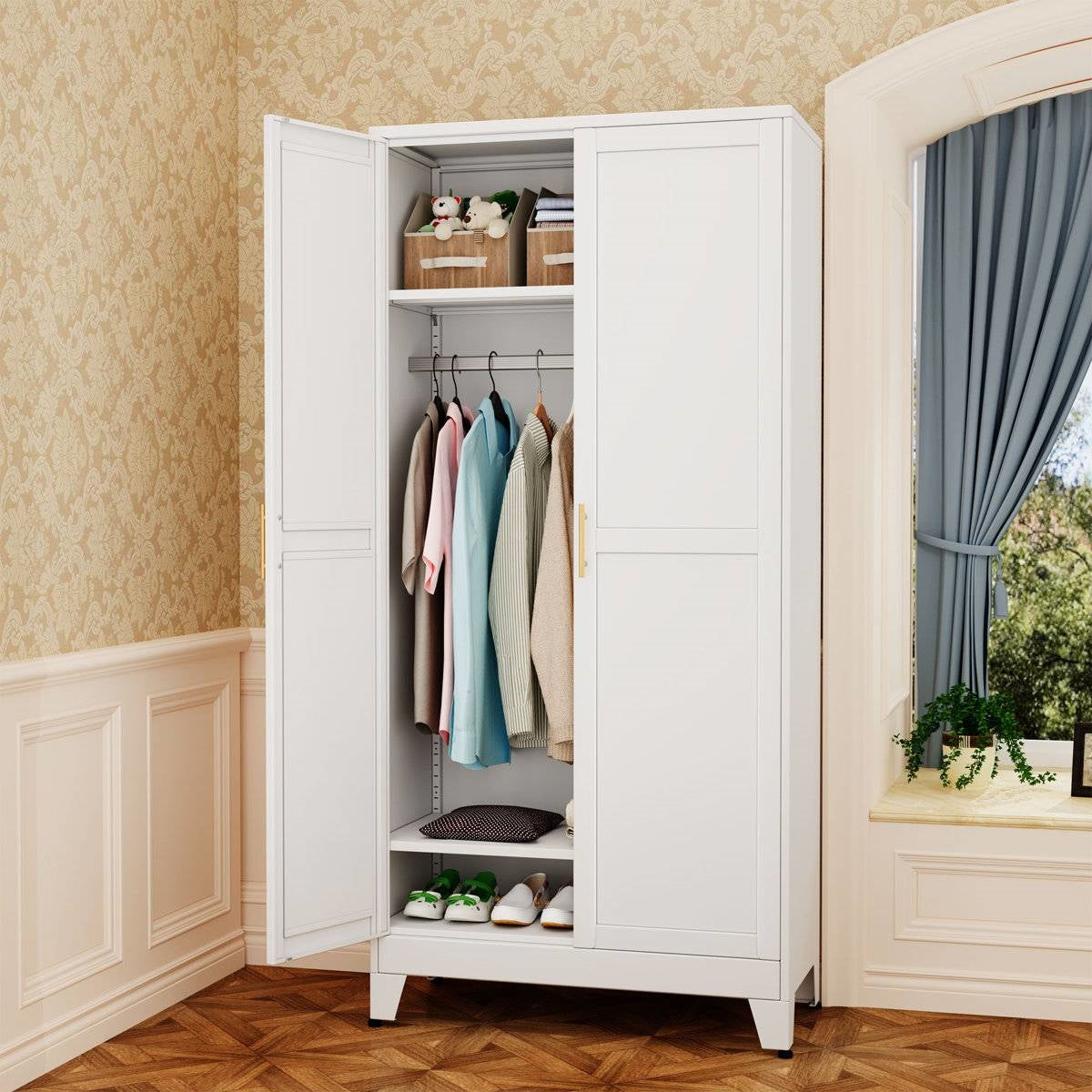 White Metal Multifunctional Storage Armoire Wardrobe Closet-3