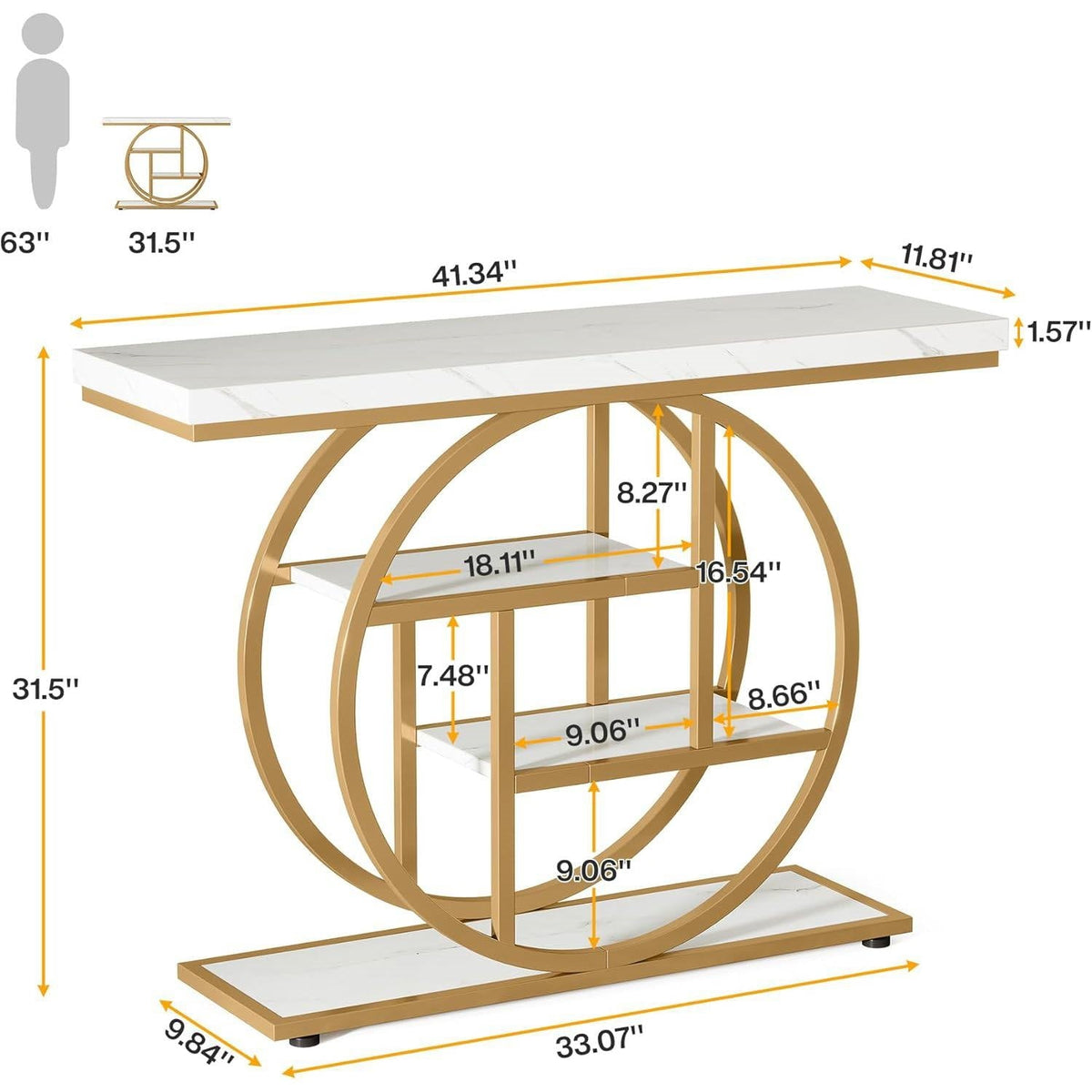 Modern Round Gold Metal Frame Foyer Console Table with White Faux Marble Shelves-4