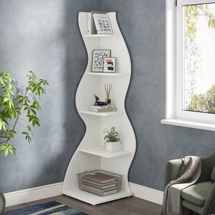 Modern Whimsical 5 Shelf Corner Bookcase Stand White Wood Finish-0