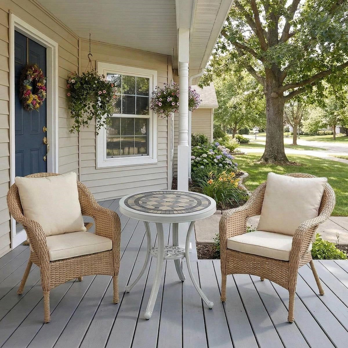 Round Ceramic Tile Outdoor Patio Bistro Table with Off White Metal Base-1