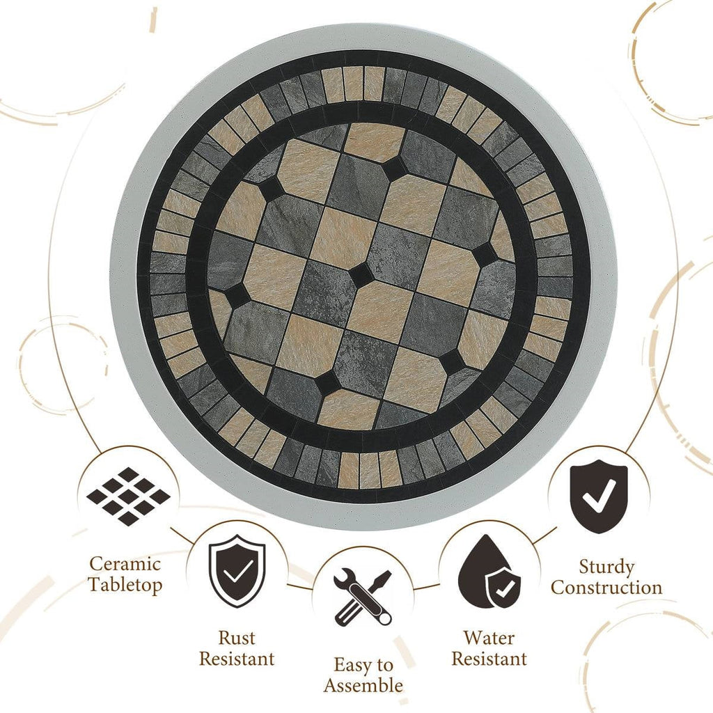 Round Ceramic Tile Outdoor Patio Bistro Table with Off White Metal Base-2
