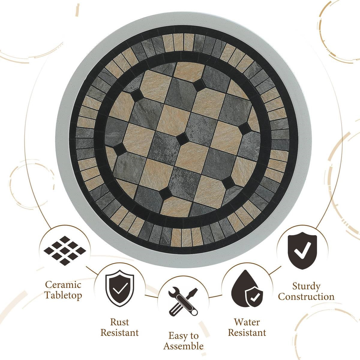 Round Ceramic Tile Outdoor Patio Bistro Table with Off White Metal Base-2
