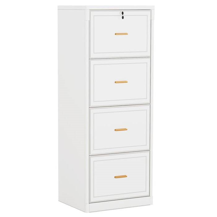 Vertical File Cabinet in White Wood Finish with 4 Lockable Storage Drawers-0