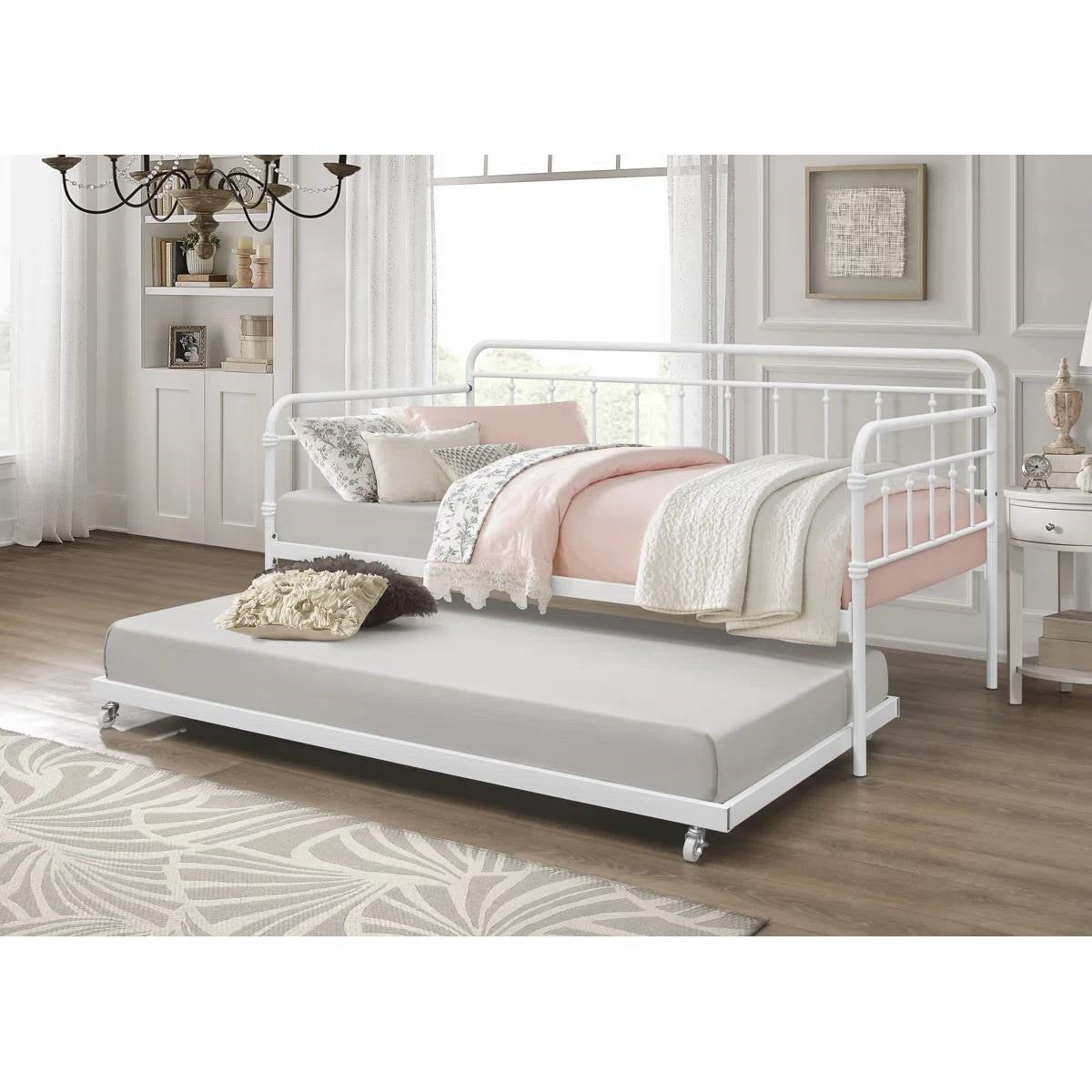 Twin size Traditional White Rounded Iron Daybed with Roll Out Trundle Bed Frame-1