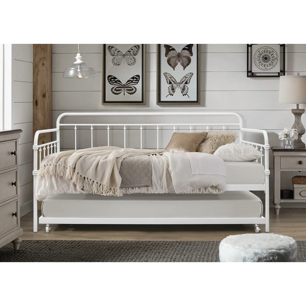 Twin size Traditional White Rounded Iron Daybed with Roll Out Trundle Bed Frame-2