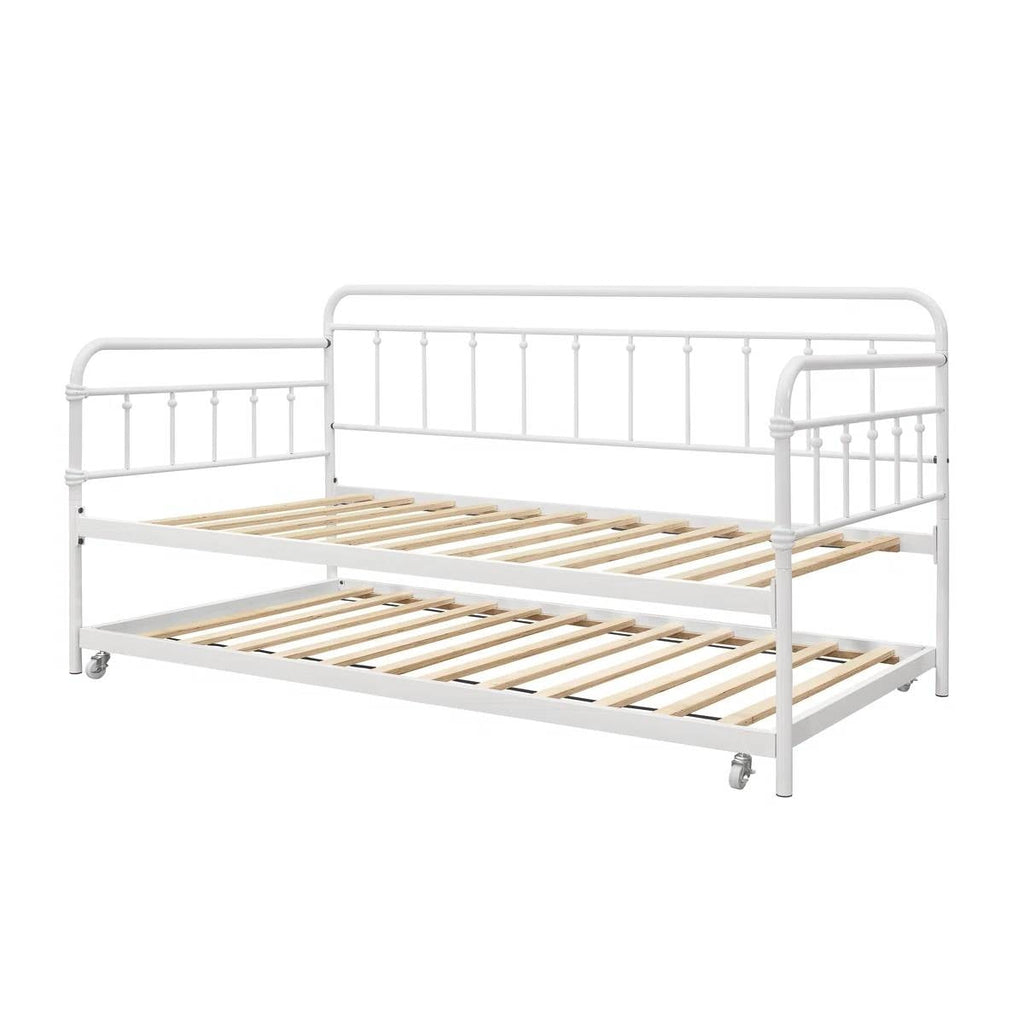 Twin size Traditional White Rounded Iron Daybed with Roll Out Trundle Bed Frame-3