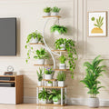 Indoor Plant Stand with White Metal Frame and Wood Finish Shelves-0