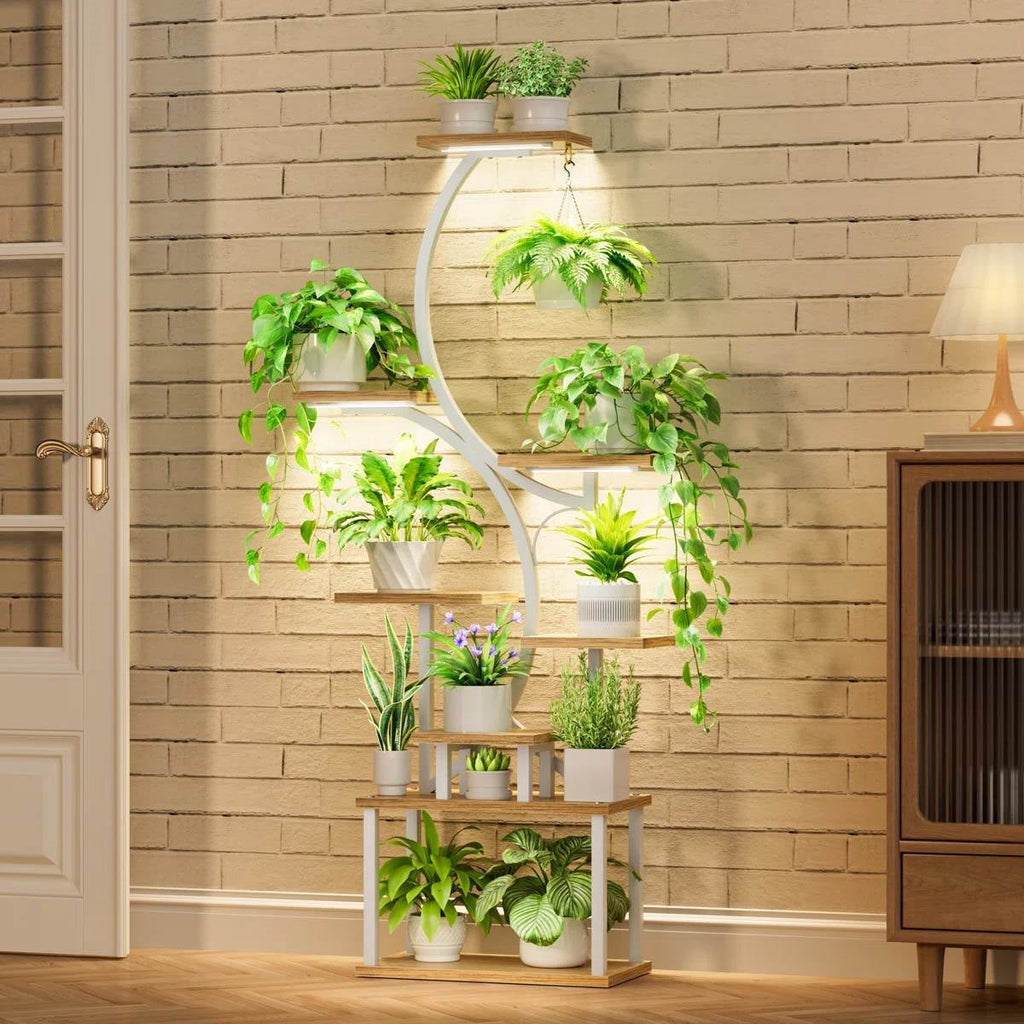 Indoor Plant Stand with White Metal Frame and Wood Finish Shelves-1