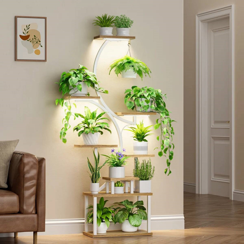 Indoor Plant Stand with White Metal Frame and Wood Finish Shelves-3