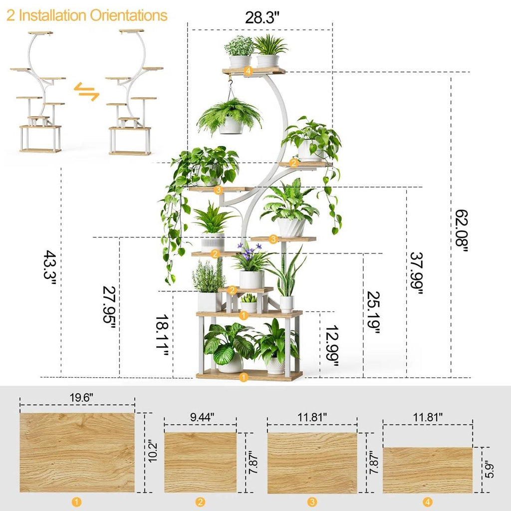 Indoor Plant Stand with White Metal Frame and Wood Finish Shelves-4