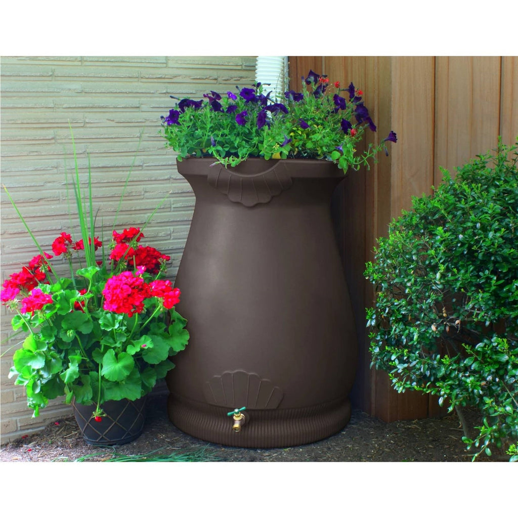 Brown Oak 65 Gallon Plastic Urn Rain Barrel with Planter Top-1