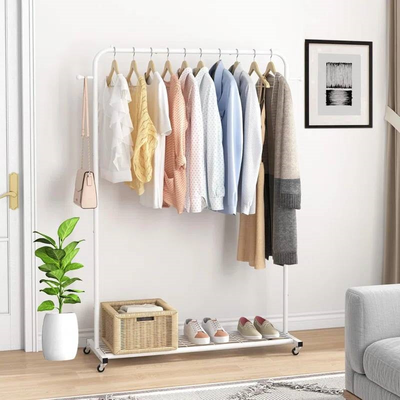 White Modern Garment Rack Clothes Hanging Rod with Lockable Wheels-0