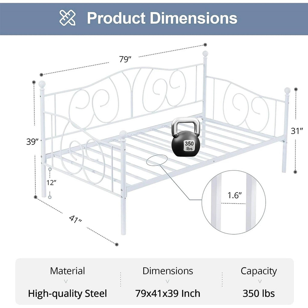 Twin size Victorian White Metal Daybed Frame - 350 lbs. Weight Capacity-4