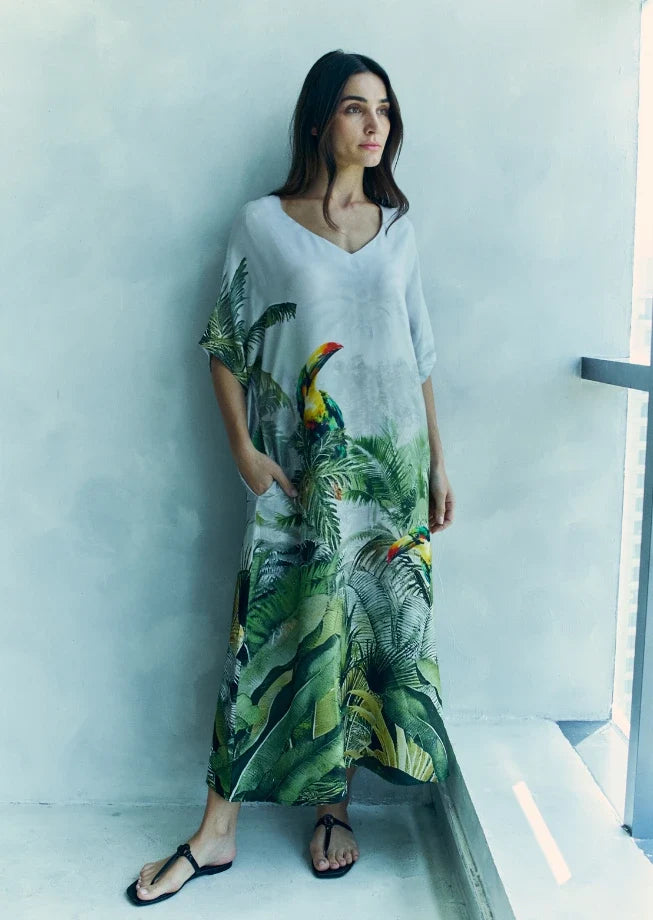 Wild Wings Bird In The Jungle Long Kaftan Dress With Side Slits - Green & Multicolor
