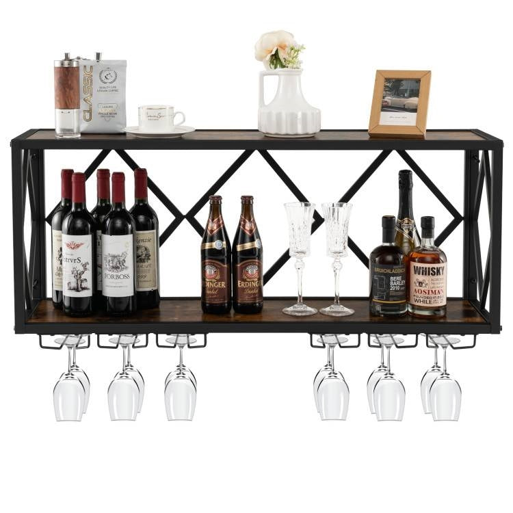 Industrial Rustic Brown Wood Metal Wall Mounted Wine Rack Shelf-1