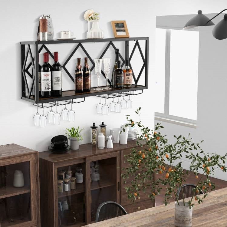 Industrial Rustic Brown Wood Metal Wall Mounted Wine Rack Shelf-2