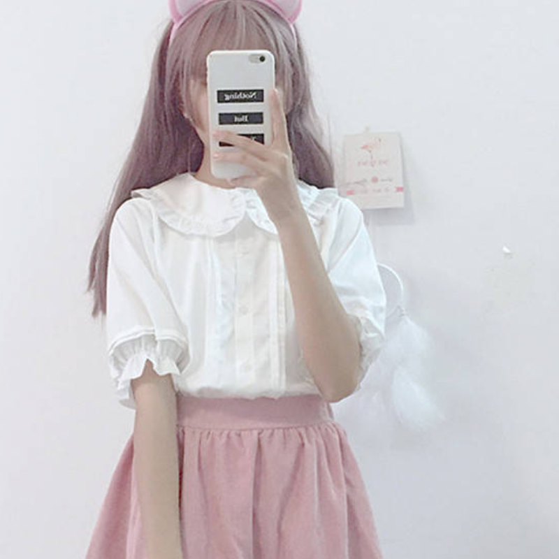 College Style Sweet Ruffle Short Sleeve Women's Top
