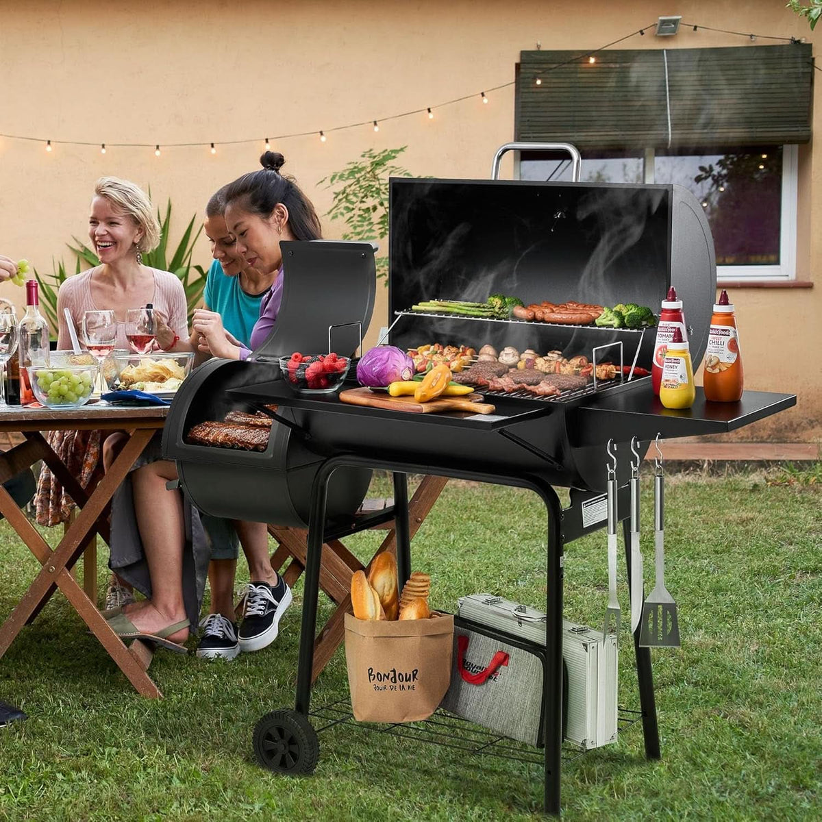 CC1830S Large Capacity Charcoal Grill Offset Smoker-2