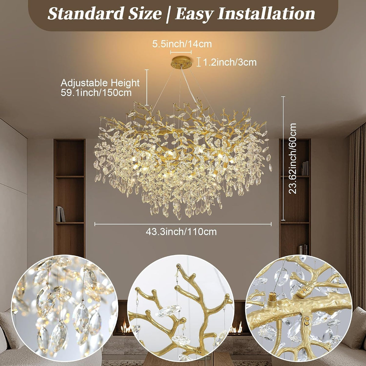 Gold Crystal 43 Inch Tree Branch 12 Light Chandelier