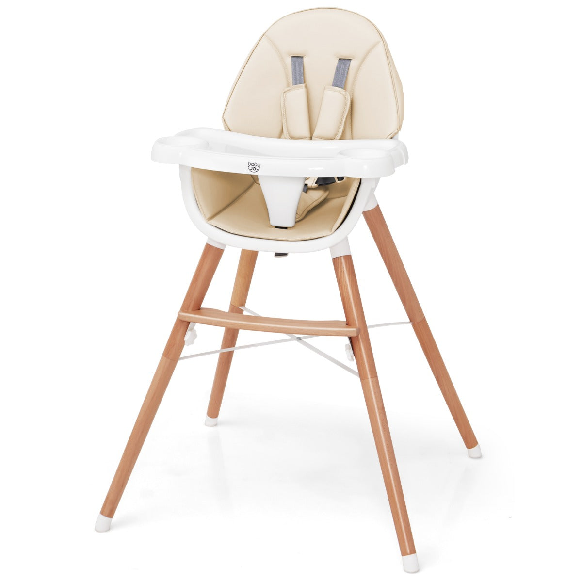 NNECW Wooden High Chair with Double 4-Gear Tray for Babies-Beige-1