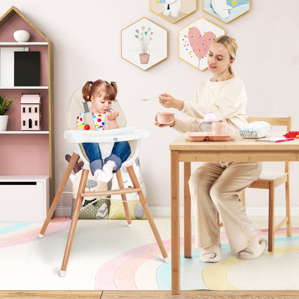 NNECW Wooden High Chair with Double 4-Gear Tray for Babies-Beige-4