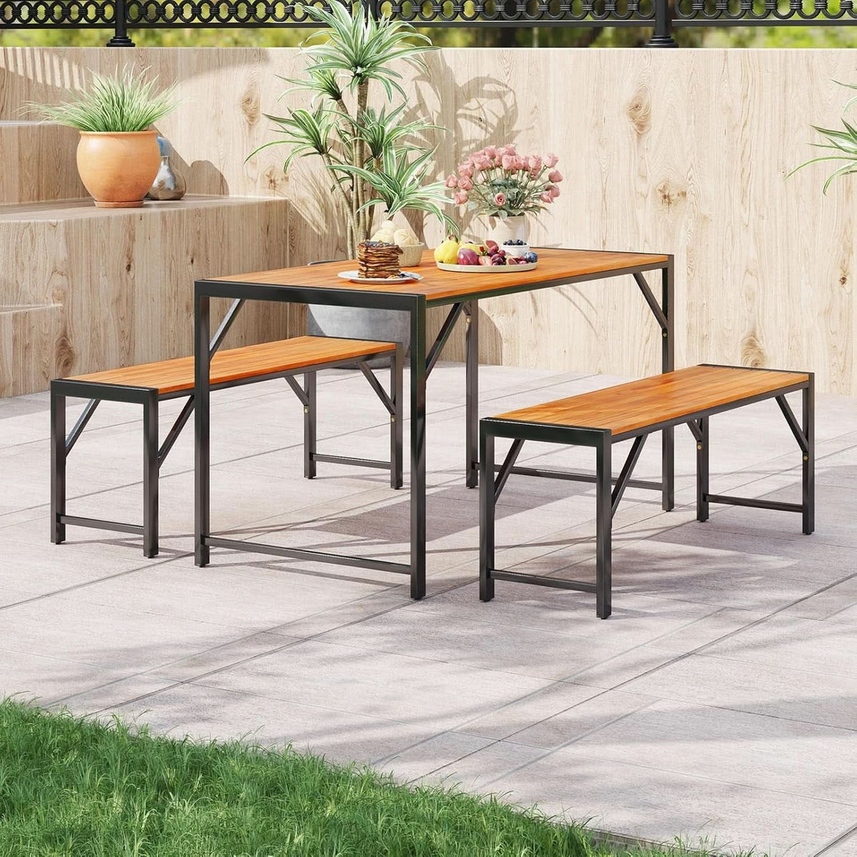 3 Piece Patio Dining Set For Six With 53 Inch Acacia Wood Table And Space Saving Benches-2