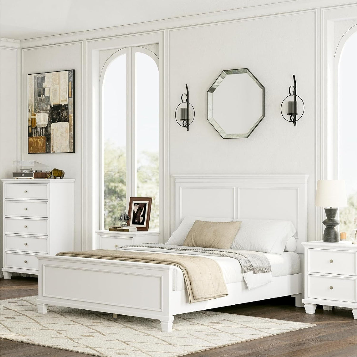 Queen Panel Bed White With Sculpted Ornate Tapered Feet