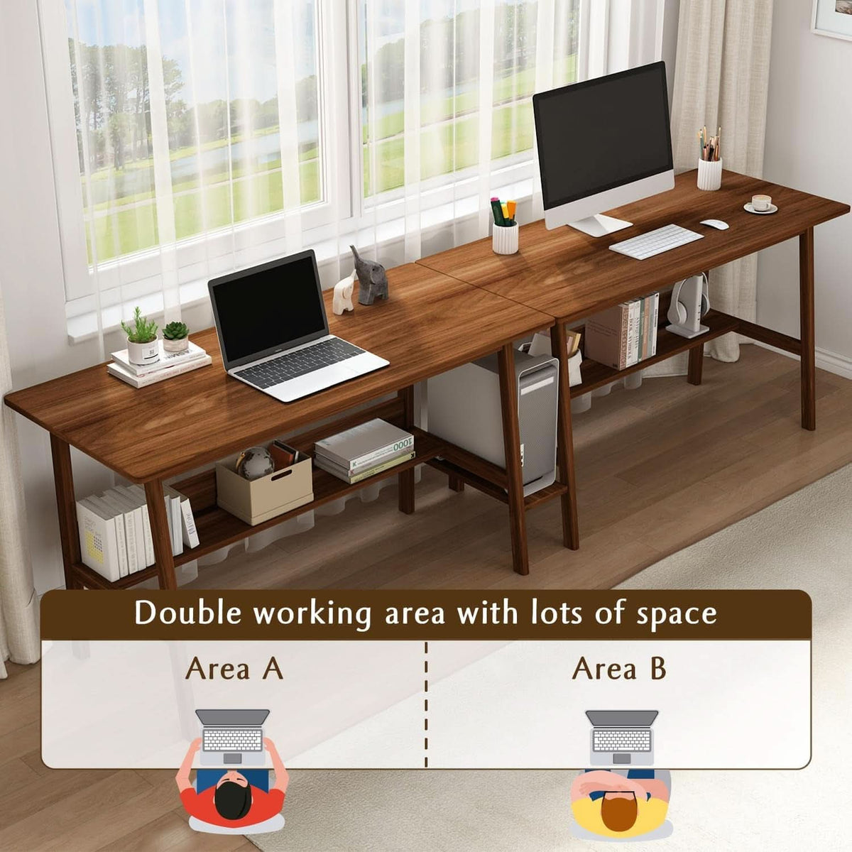 Two Person Desk Walnut 79 Inch Extended Workstation Shelves-3