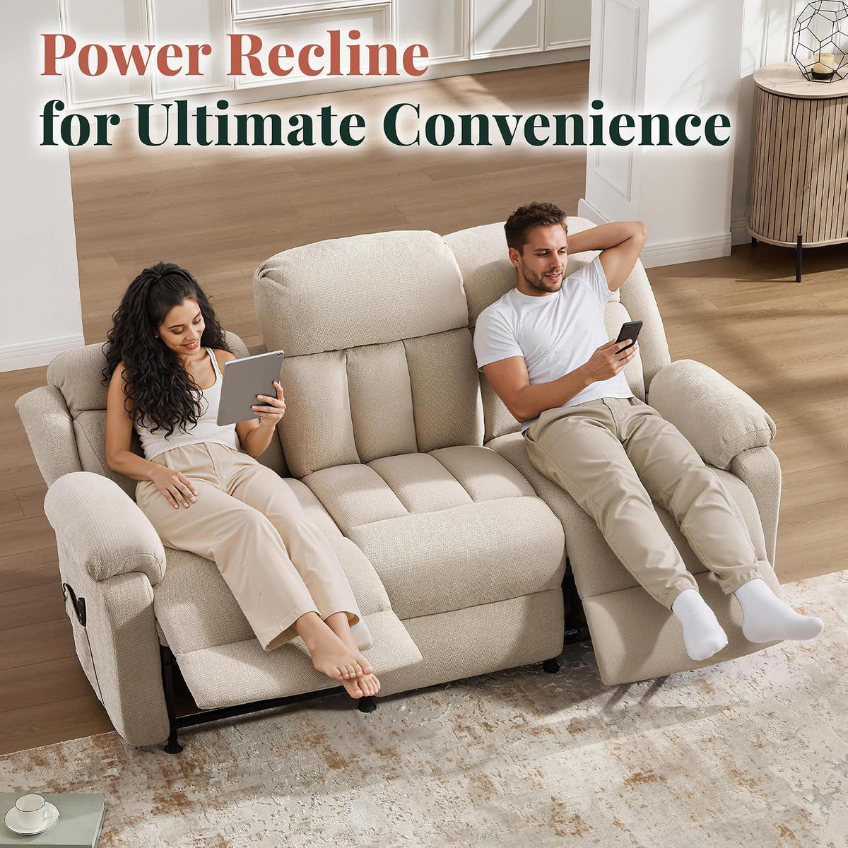 Contemporary Beige 77 Inches Power Reclining Sofa