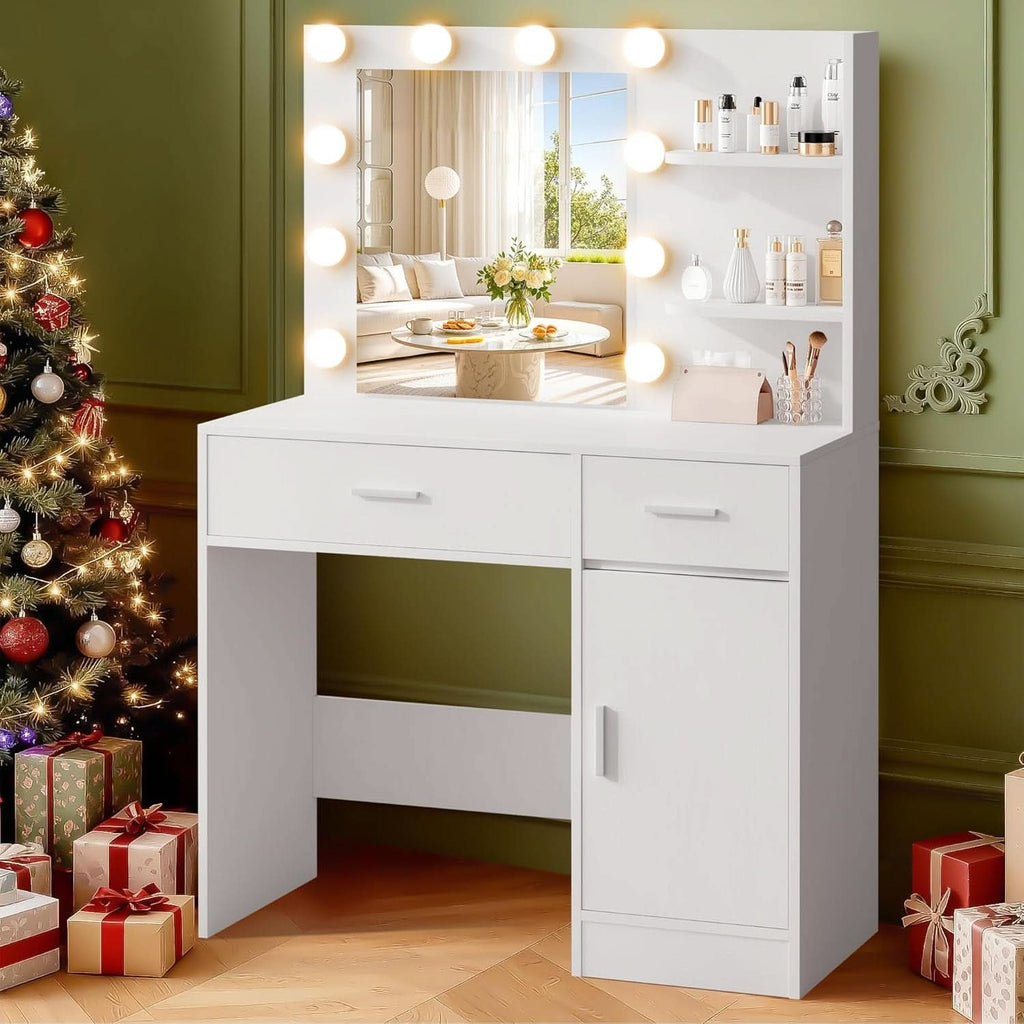 Luxurious White Vanity Desk Featuring Dimmable Mirror-1