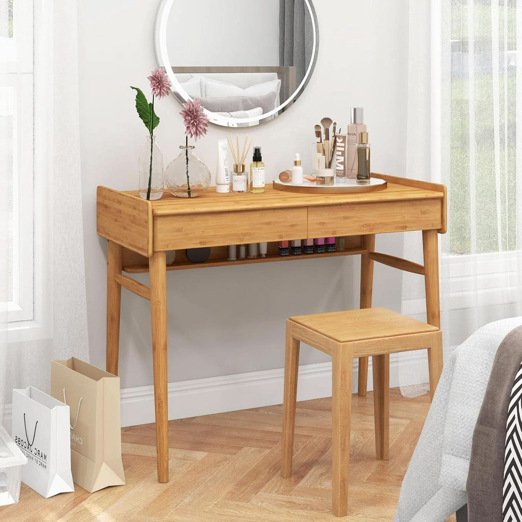 Bamboo Computer Desk with Drawers and Open Shelf-4