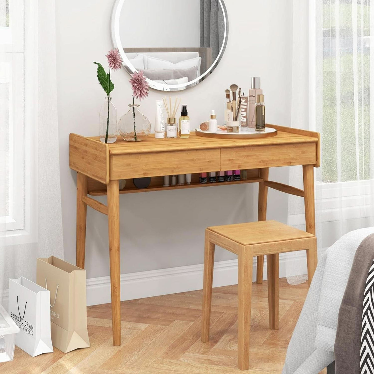 Bamboo Computer Desk with Drawers and Open Shelf-4