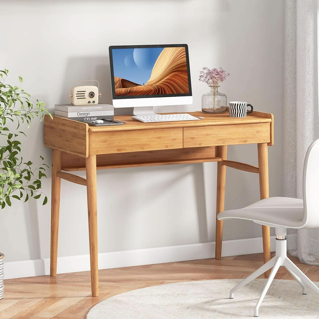 Bamboo Computer Desk with Drawers and Open Shelf-1