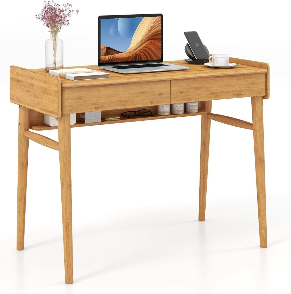 Bamboo Computer Desk with Drawers and Open Shelf-0