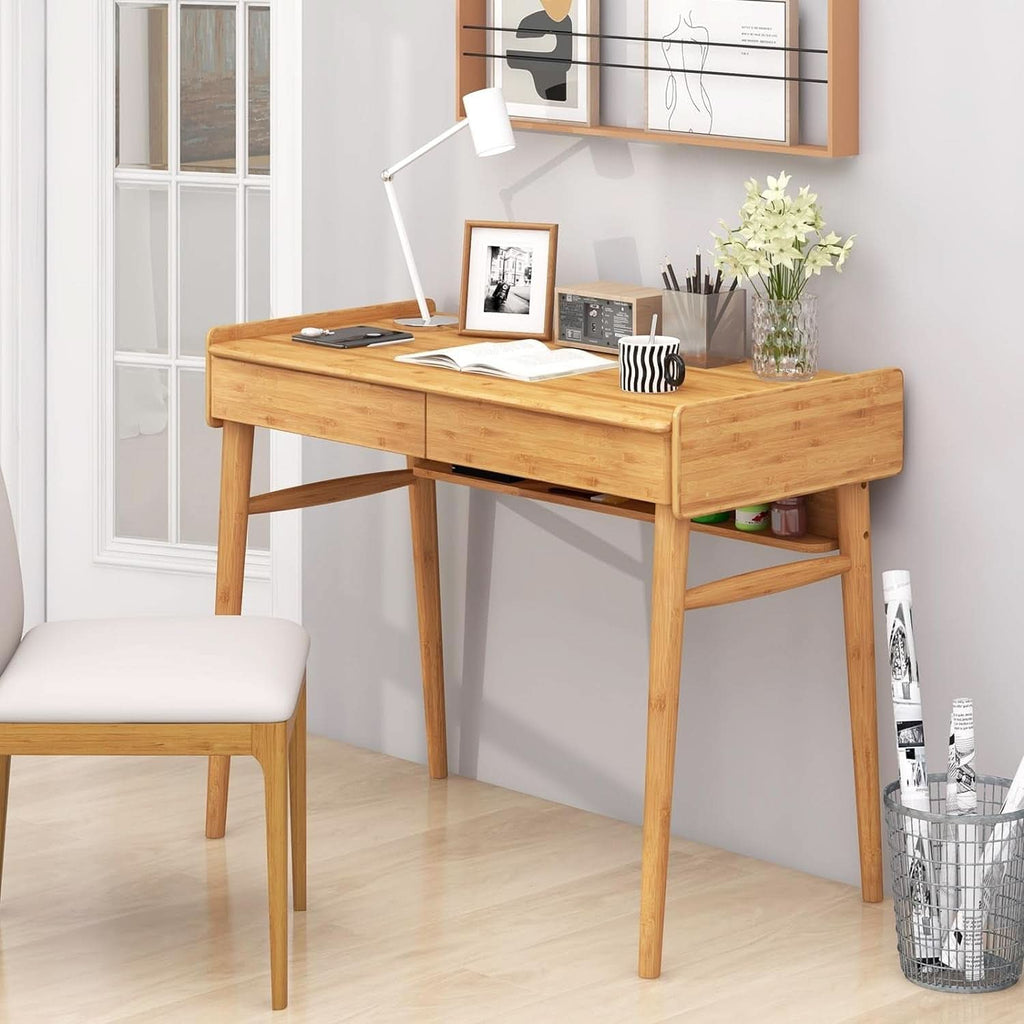 Bamboo Computer Desk with Drawers and Open Shelf-3