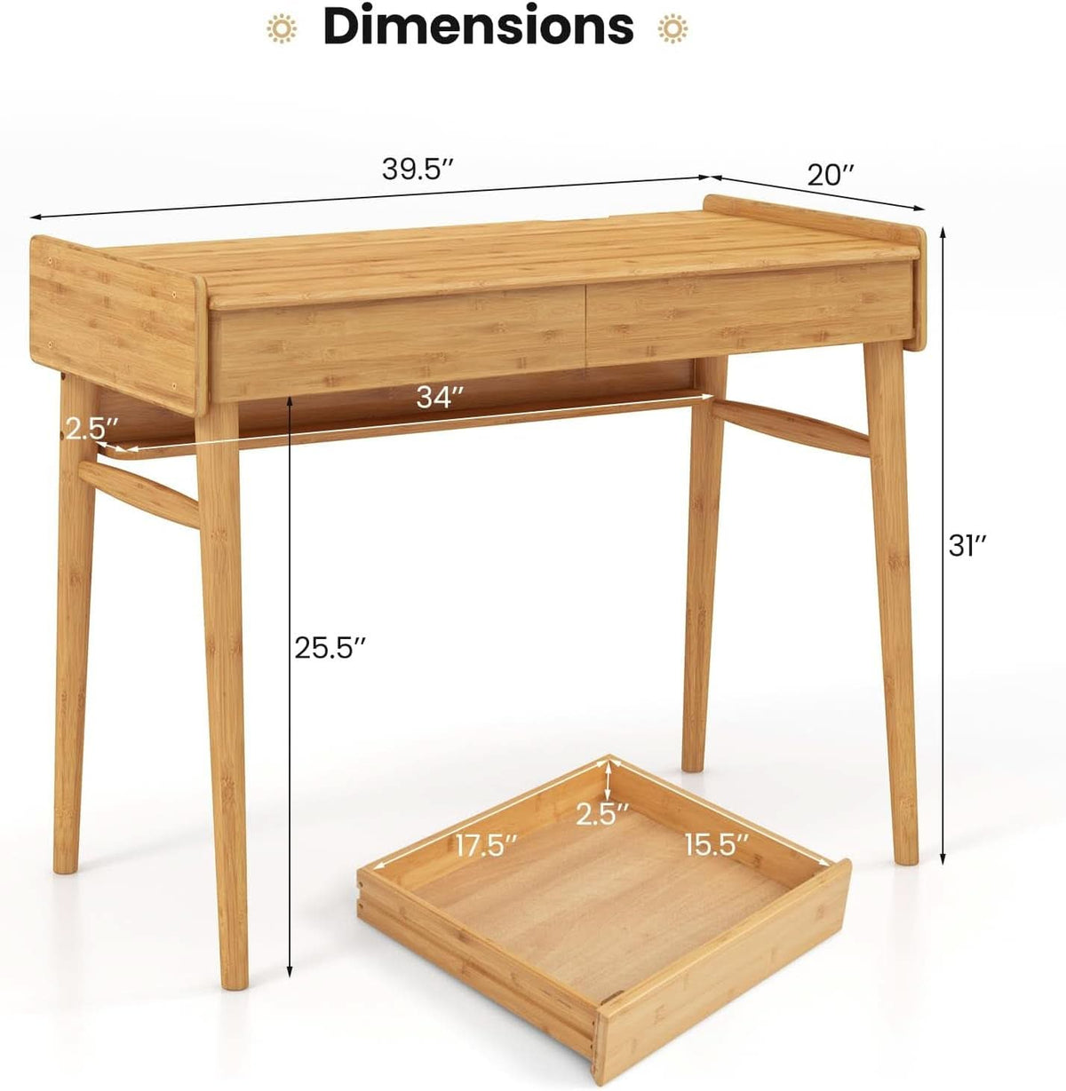 Bamboo Computer Desk with Drawers and Open Shelf-2