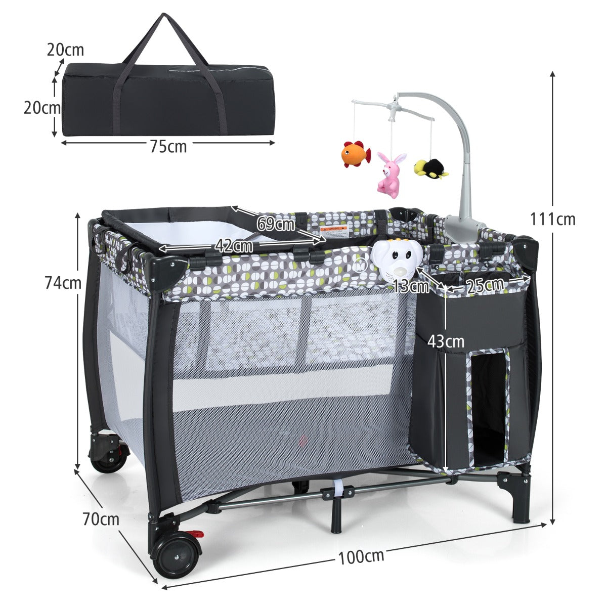 NNECW 3 in 1 Baby Portacot with Bassinet & Changing Table-3