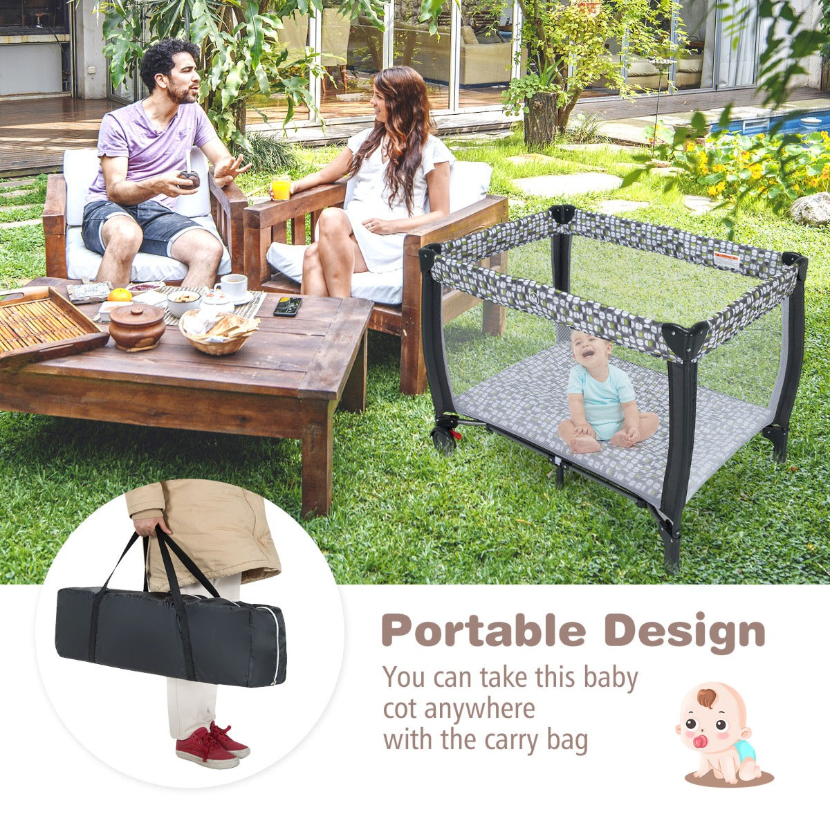 NNECW 3 in 1 Baby Portacot with Bassinet & Changing Table-2