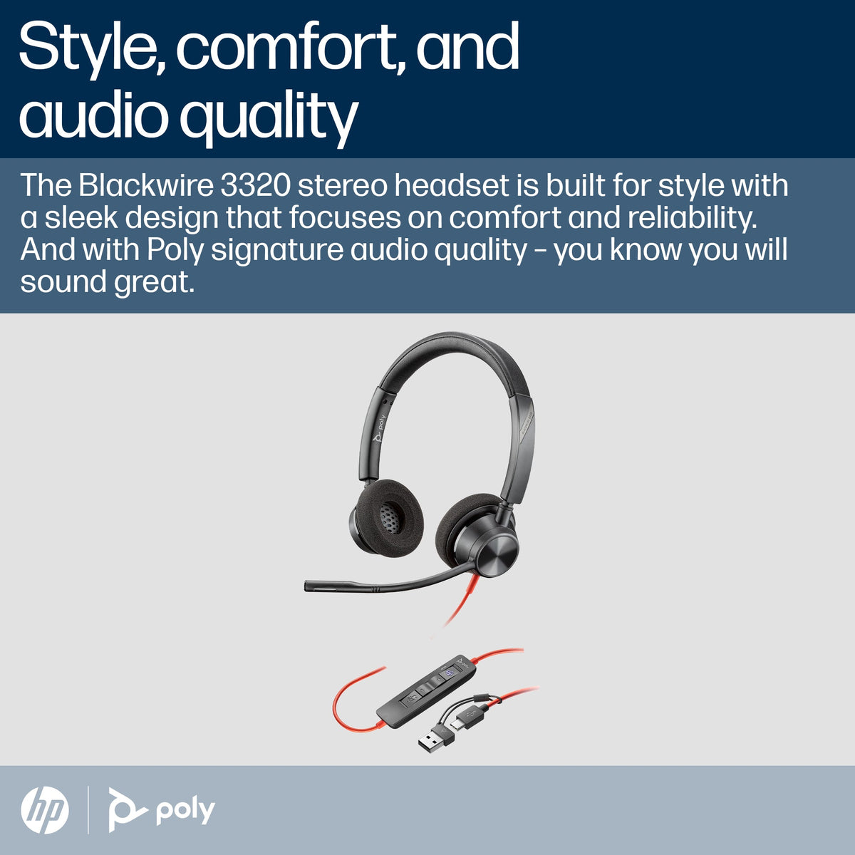 HP Poly Blackwire 3320 Stereo Microsoft Teams Certified USB-C Headset +USB-C/A Adapter