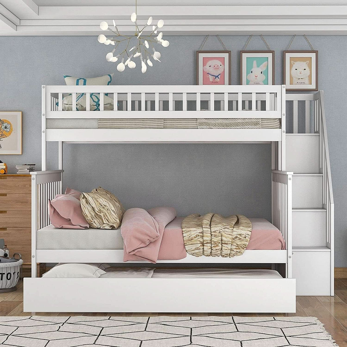 Twin Over Full Bunk Bed With Stairs And Trundle White Wood-2