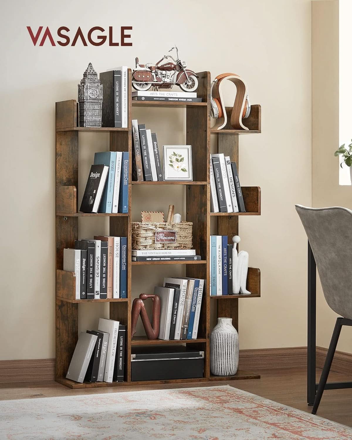 Tree Shaped Bookcase Rustic Brown Tall With 13 Shelves-1