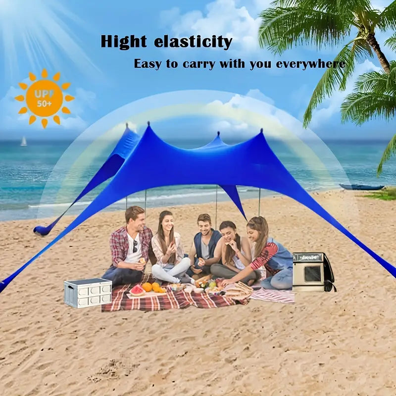 NNETM Extra Large Beach Tent Sun Shelter with UPF50+ Protection, Stability Poles, and Ground Pegs - Blue (Includes 4 Poles)-1