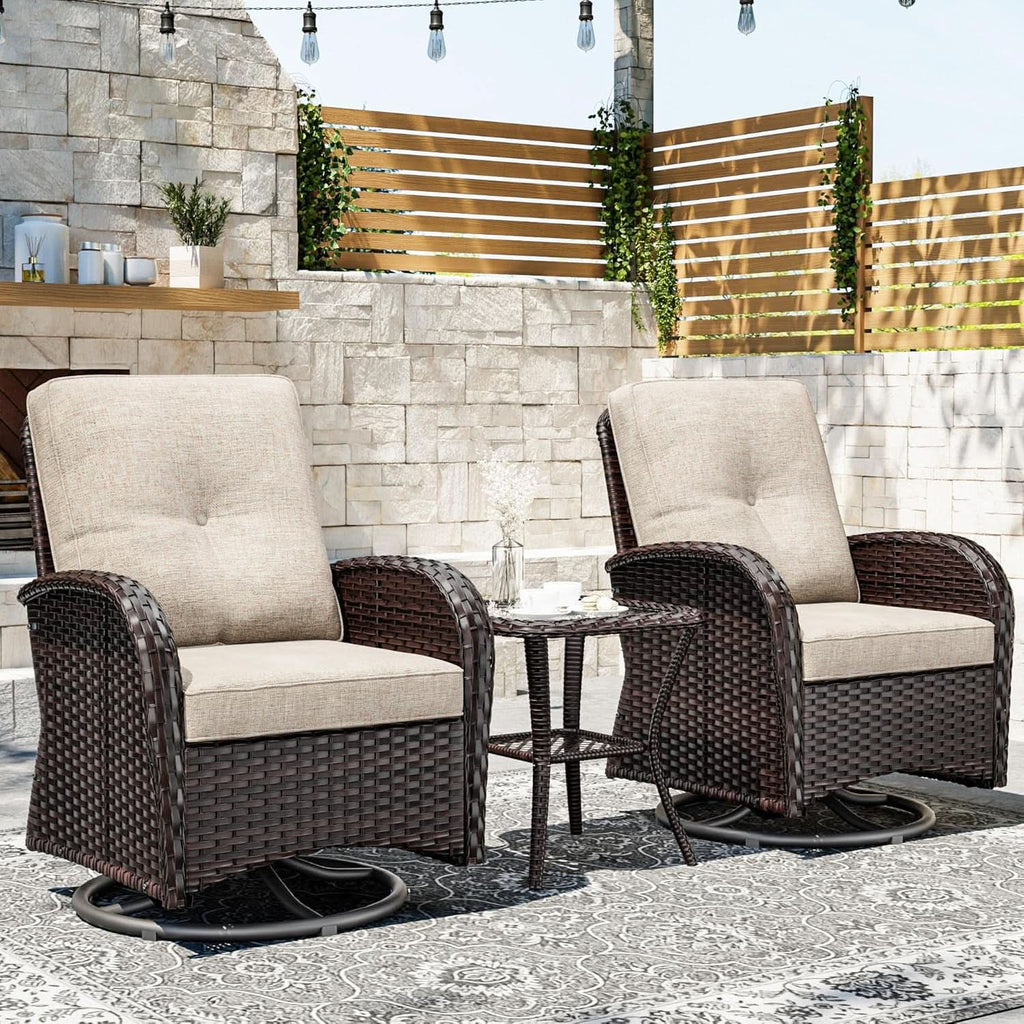 Outdoor Swivel Rocker Chairs 3 Piece Wicker Set Cushioned-1