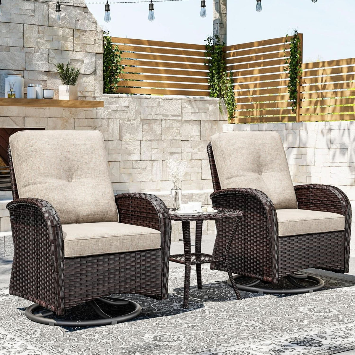 Outdoor Swivel Rocker Chairs 3 Piece Wicker Set Cushioned-1