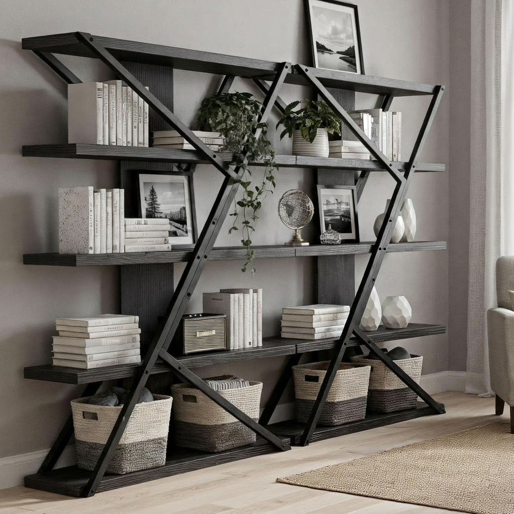 Industrial Book shelf Five Tier Solid Oak Wood Metal-2
