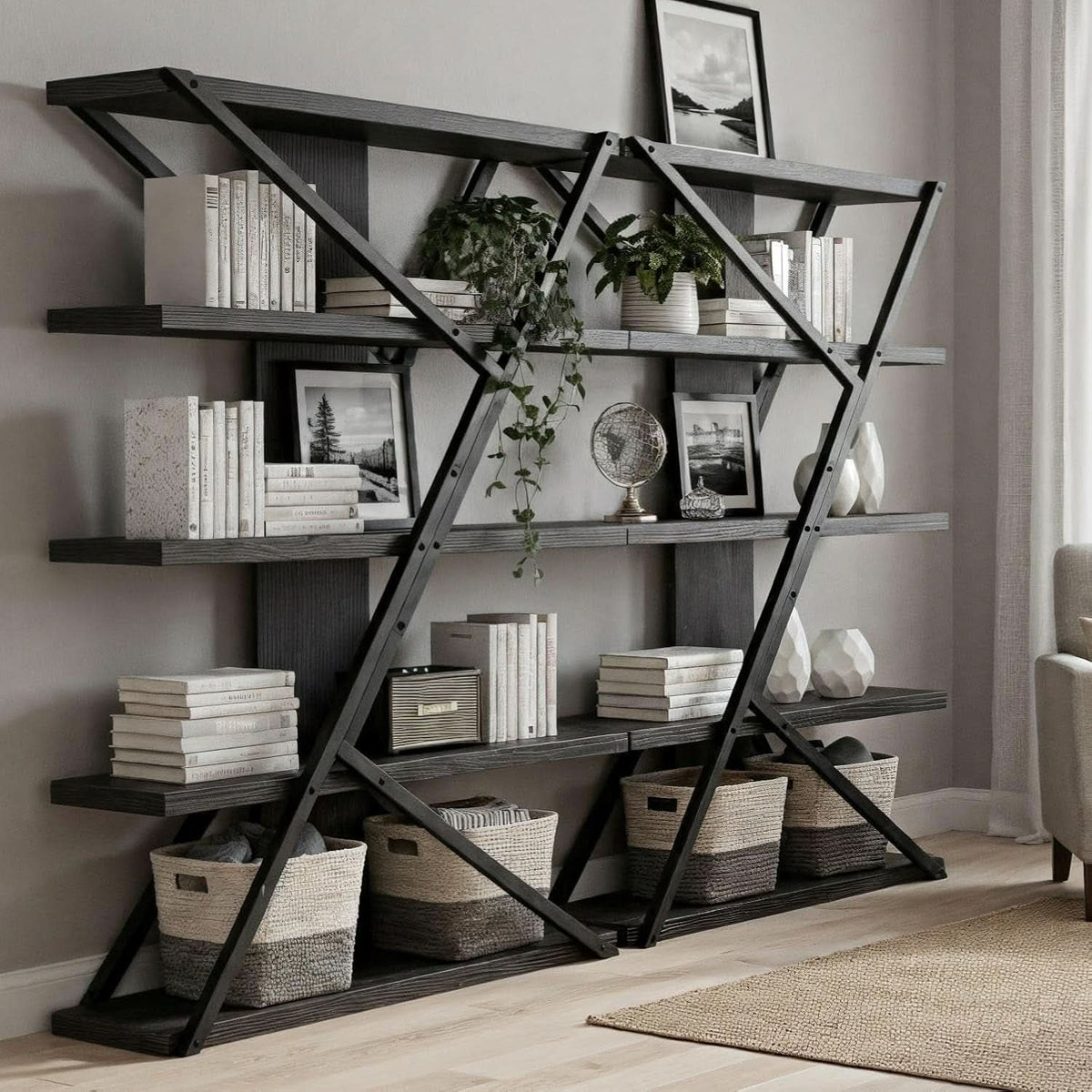 Industrial Book shelf Five Tier Solid Oak Wood Metal-2