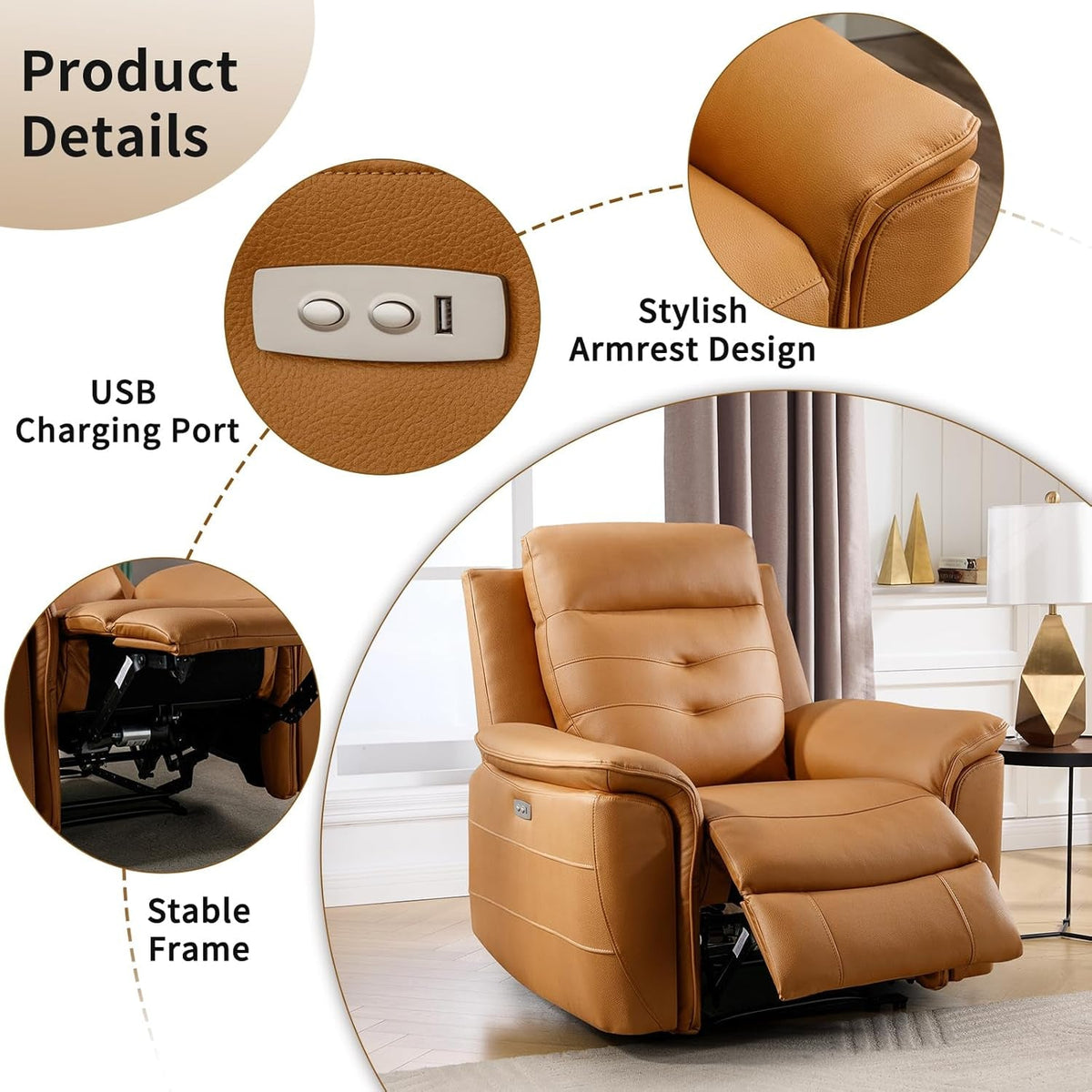 Bright Yellow Power Recliner Sofa Set Charging Port